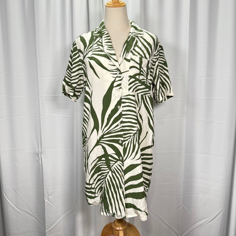 AYR Pool House Mini Button Dress Silk Green White Palm Leaf Tropical Size Small